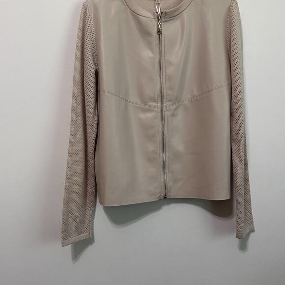 Sioni Zip Front Mixed Media Jacket L Faux Leather Winter White Knit Designer NEW - Picture 2 of 9